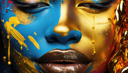 Close-up of a face with dramatic blue and gold paint drips, a fusion of art and human canvas