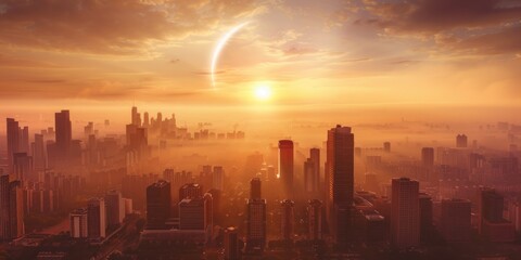 A panoramic view of a cityscape with buildings and the partially eclipsed sun in the background.