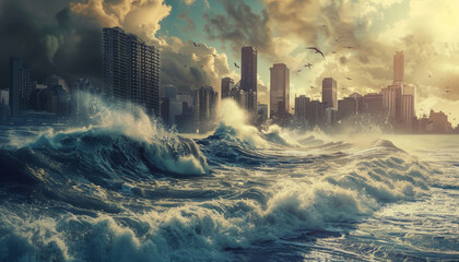 A city is shown in the background with a large wave crashing over it by AI generated image