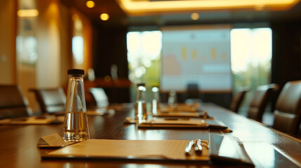 Business presentation in a boardroom, with blurred projection screen in the background