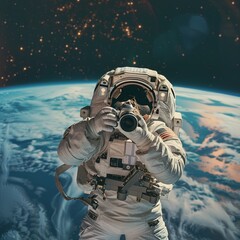 An astronaut capturing the beauty of Earth from orbit, camera in hand