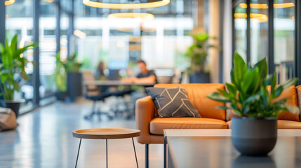 coworking space with blurred background, showcasing modern office furniture and decor