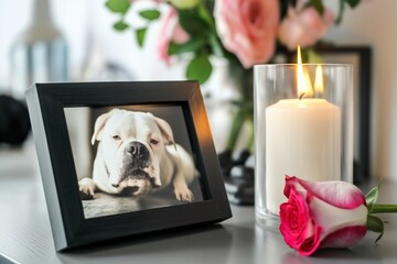 Frame with picture of dog, burning candle and rose on black table. Pet funeral - obrazy, fototapety, plakaty