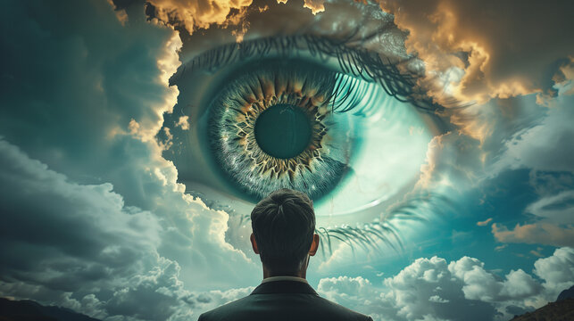 An evocative composite image juxtaposing a man gazing upwards with a surreal superimposition of a giant eye amidst stormy clouds, invoking themes of imagination and perception