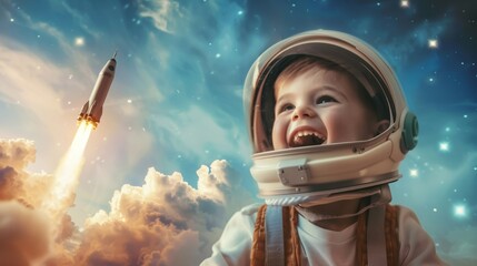 An excited kid wearing a space helmet, watching a rocket soar into the blue ether