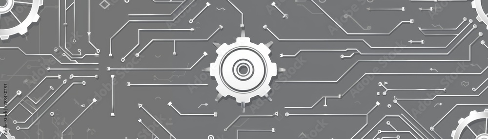 Poster gray background with white lines and gears in the middle in the style of futuristic digital technology an abstract circuit board pattern with various gear shapes connected by thin lines Generative AI