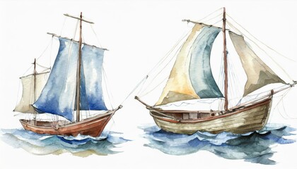set, a collection of watercolor drawing of a boat with a sail. - obrazy, fototapety, plakaty