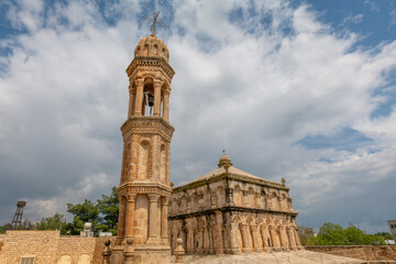 Unique architectural details and blue sky of the Virgin Mary Monastery located in Anitli village of Midyat district of Mardin