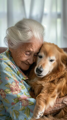 senior woman with her dog cuddling it lovingly, positive emotions