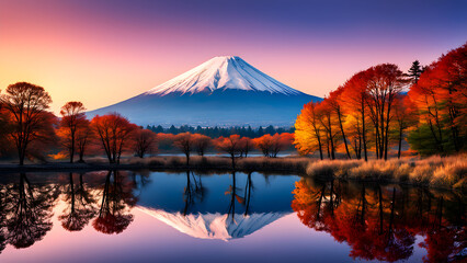 The scenery of Mount Fuji in Japan is reflected on the water surface, with Yinghhauu on the trees
