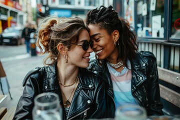 Photo of an affectionate pair of women taking care of one another. Free love concept. LGBTQ+