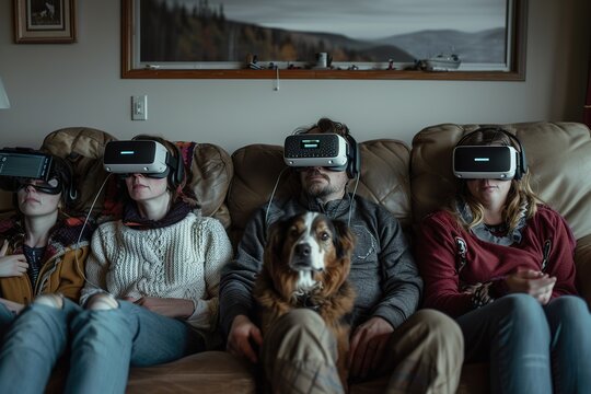 Image of a family sitting on the sofa wearing virtual reality glasses while a bored dog rests beside them. Concept, negative effects of virtual reality on sociability.