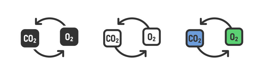 Oxygen and carbon dioxide exchange. Co2 to O2 cycle, chemical elements symbol. Line flat and colored vector icon. - obrazy, fototapety, plakaty