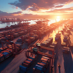 Sunset over the Tariff Gateway: Port Scene of Global Trade - obrazy, fototapety, plakaty