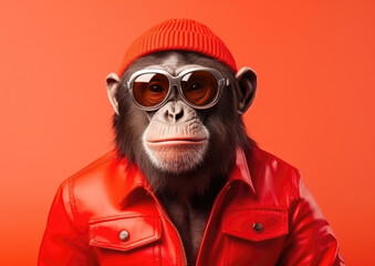 A chic chimpanzee sports reflective sunglasses and a red beanie, paired with a glossy red jacket against an orange background.