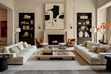 Neutral Minimalist Living Room with Fireplace, Large Abstract Wall Art and Styled Bookshelves