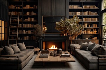 Cozy Dark Library Room with Fireplace and Sofas