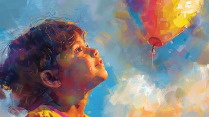 Close-up of a joyful girl watching a colorful balloon float down from the sky - obrazy, fototapety, plakaty