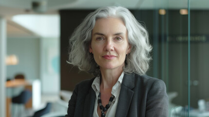 Portrait of elderly lawyer woman with grey hair in modern office