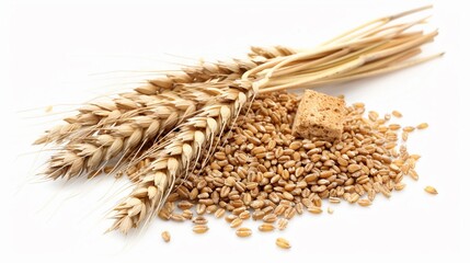 Spelt bran and grains with ears of wheat, isolated on white background