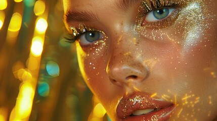 A close-up of a person with glitter makeup under warm bokeh lighting