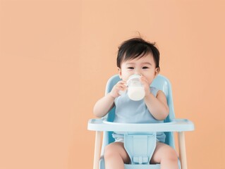 an Asian baby drinking milk on a high chair - obrazy, fototapety, plakaty