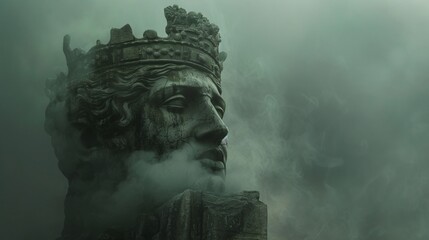 A dreamlike scene, a colossus going above the clouds, Isolated monument, vanished glory in the dense clouds, showing Obscurity, Oblivion of king