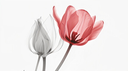 A minimalist composition featuring a semi-transparent white background adorned with a vibrant red tulip and a delicate flower bud. The simplicity of the white backdrop accentuates the boldness 