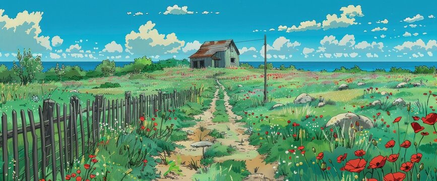 The landscape of the French countryside depicts an old house in front, behind it is seaside grassland with poppies blooming on both sides.