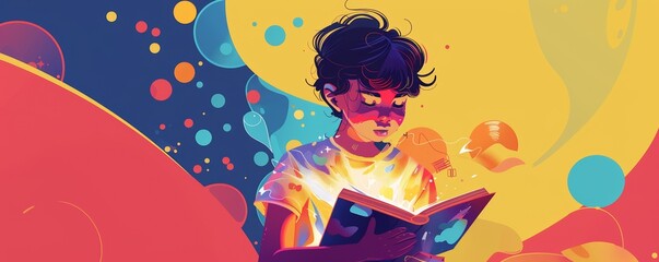 Detailed illustration of a kid engrossed in a book
