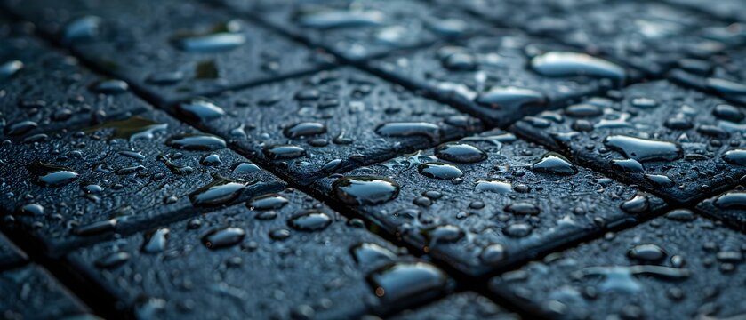 Fototapeta Reflective Raindrops on Dark Tiles - Minimalist Perspective. Concept Minimalist Photography, Reflections, Rainy Days, Dark Tiles, Atmosphere