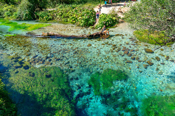 Turquoise and green water in the spring water of the blue eye lake in Albania.