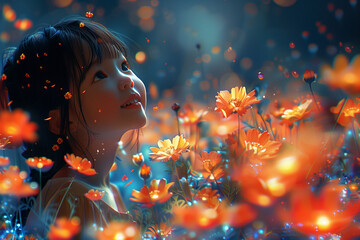 the flower is painted by the girl who is smiling,
in the style of vibrant colorscape, anime
aesthetic, dark cyan and red, color
art, orange and blue, vibrant and
colorful, wallpaper - obrazy, fototapety, plakaty