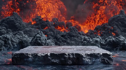 Lava rock podium with a background of erupting volcanoes, for powerful and dynamic merchandise - obrazy, fototapety, plakaty