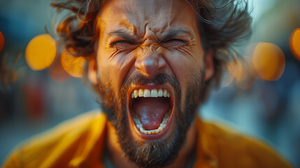 Portrait of angry bearded man screaming at the camera. Close-up. - obrazy, fototapety, plakaty