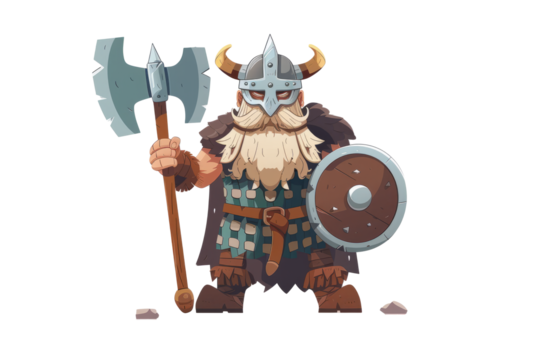 Norse Viking: A fearsome Viking warrior, clad in armor and holding a mighty ax, standing tall on a white background.