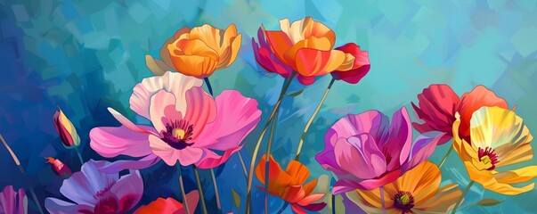 Fototapeta na wymiar Flower illustration merging abstract and realism, vibrant against a soothing