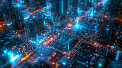 Aerial view of a circuit board city concept with glowing blue and orange light effects on the streets, buildings and components.