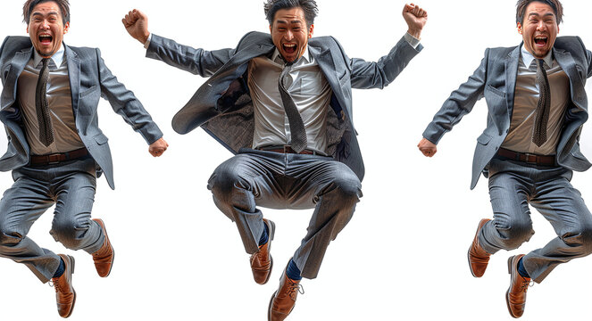 Three images of an Asian man in a gray suit and brown shoes, jumping joyfully with arms raised, isolated on a white background.