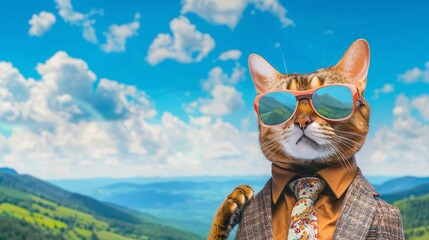 A businesses cat wearing sunglasses and a suit with a tie.