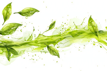 Serene green tea splash, delicate aroma in crisp white space