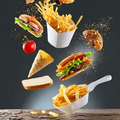 Assorted Fast Food Items Flying on White Background, food - obrazy, fototapety, plakaty