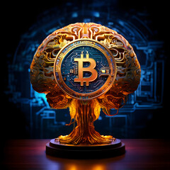Golden brain with 3D Bitcoin coin neural networks illuminated, symbolizing the cognitive processes involved in research and discovery