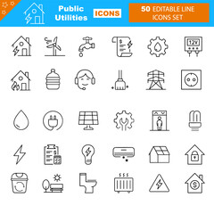  Public Utilities outline icons with editable stroke collection. Includes Water, Fuel, Electricity, Solar House, Maintainence, and More.