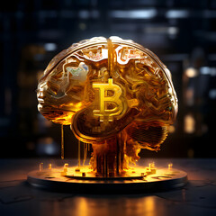 Golden brain with 3D Bitcoin coin neural networks illuminated, symbolizing the cognitive processes involved in research and discovery