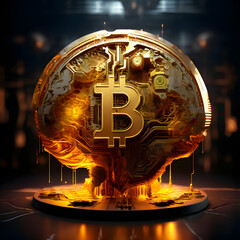 Golden brain with 3D Bitcoin coin neural networks illuminated, symbolizing the cognitive processes involved in research and discovery