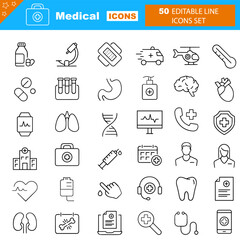 Medical outline icons with editable stroke collection.  Vector Illustration