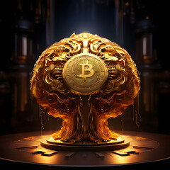 Golden brain with 3D Bitcoin coin neural networks illuminated, symbolizing the cognitive processes involved in research and discovery