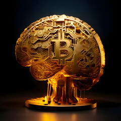 Golden brain with 3D Bitcoin coin neural networks illuminated, symbolizing the cognitive processes involved in research and discovery