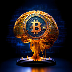 Golden brain with 3D Bitcoin coin neural networks illuminated, symbolizing the cognitive processes involved in research and discovery